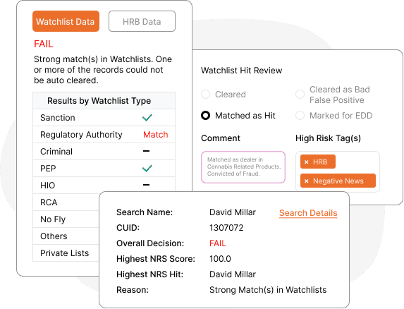 Watchlist case management interface showing hit review and screening results